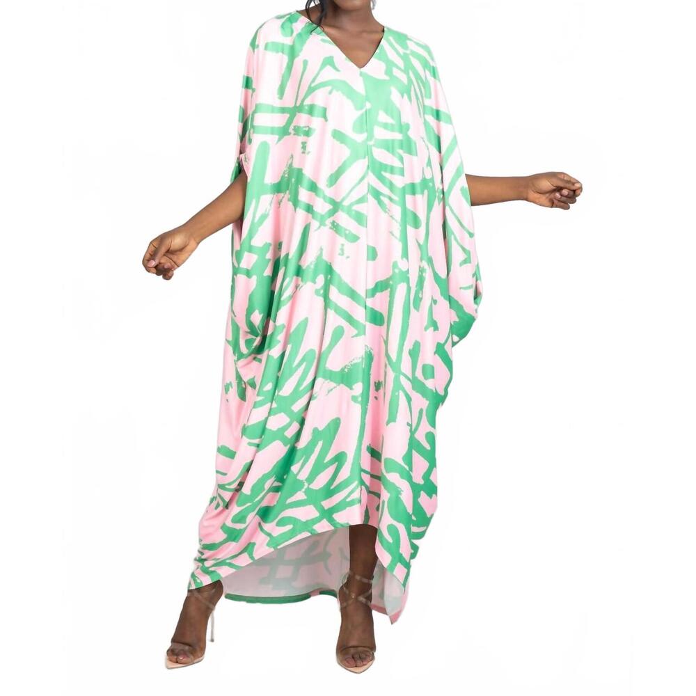 NEW KARA CHIC royal flow kaftan dress in pink/green